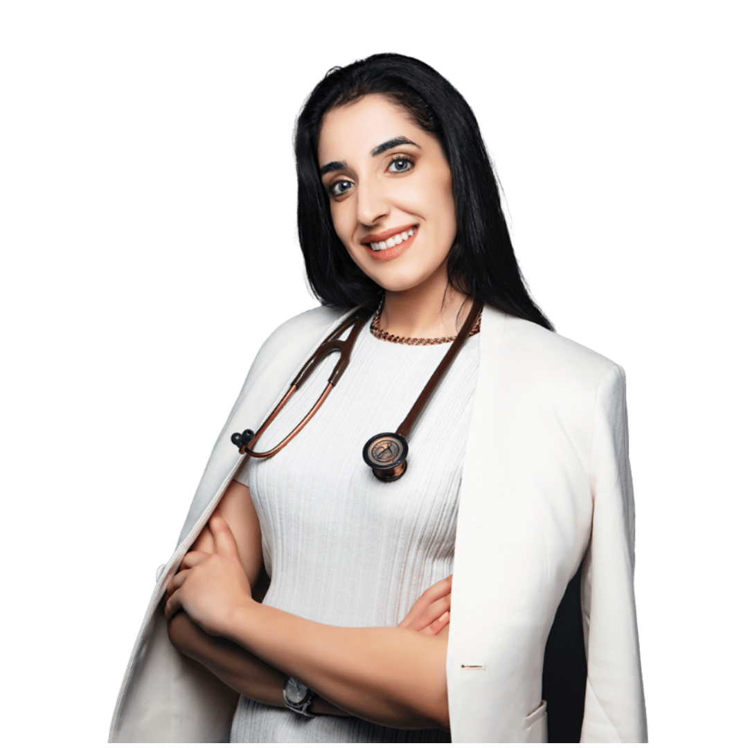 Dr. Heba smiling with a stethoscope — official contact image for Dr. Heba MedQ